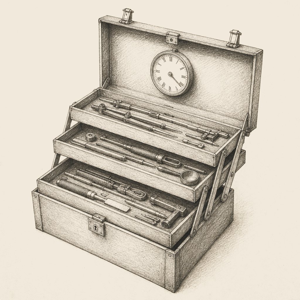 A pencil drawing of an open toolbox. Three trays are cantilevered out, each holding measuring instruments, and a clock is mounted inside the lid.