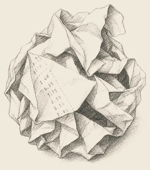 A pencil drawing of a crumpled paper till receipt
